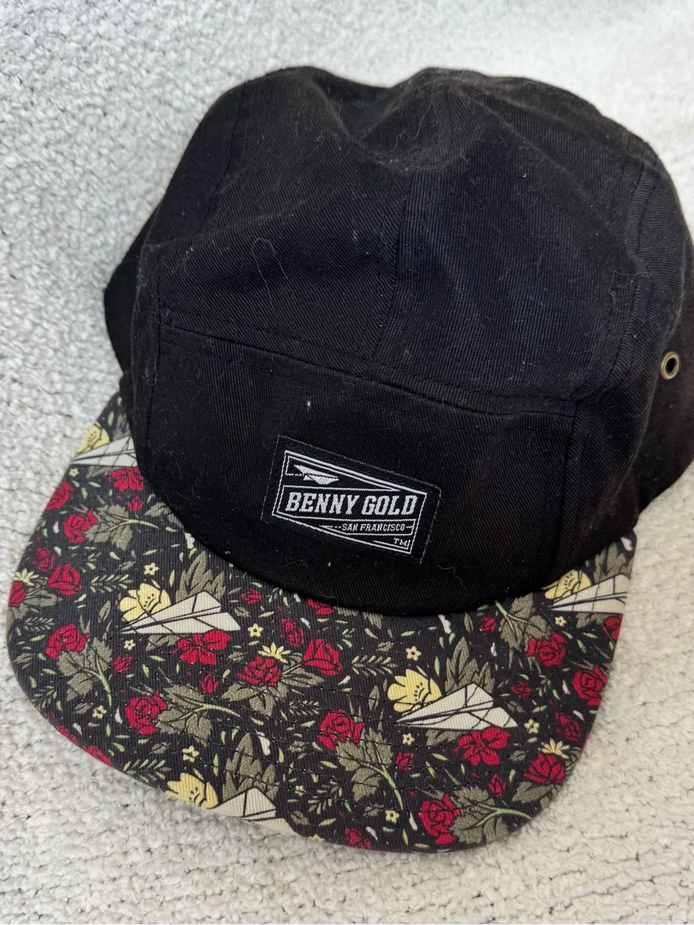 Benny Gold 5 Panel Camp Cap Black Floral Paper Airplane Brim Hat